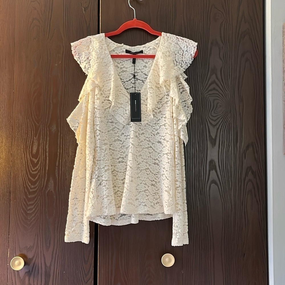 BCBGMaxAzria Ivory Lace Ruffle Cold-Shoulder Blouse